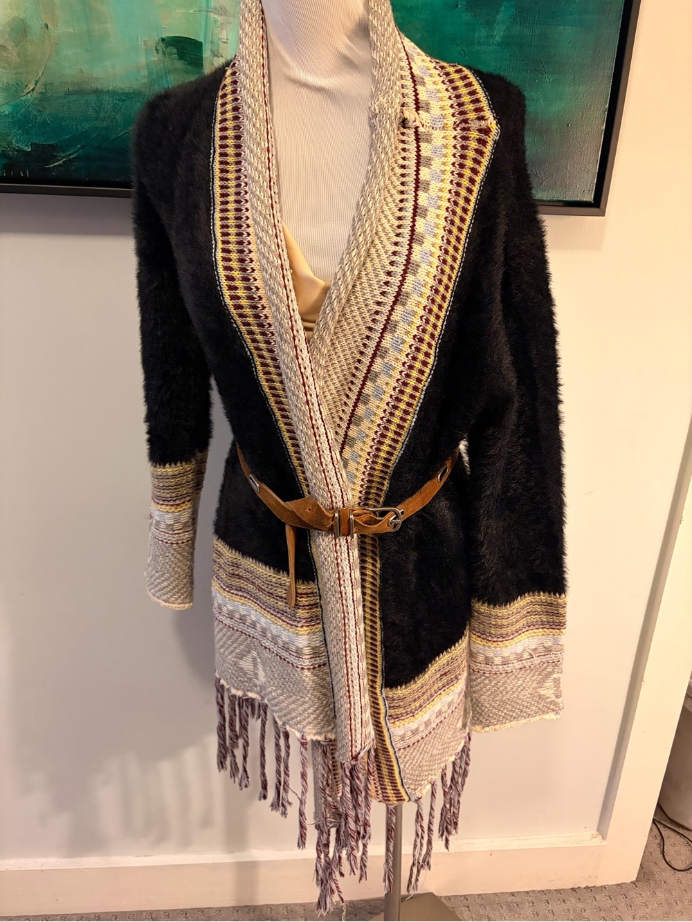 Western Flair Ivory & Black Fringe Knit Shawl Cardigan